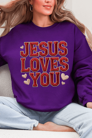Faux Embroidery Jesus Loves You Heavy Blend Crew Sweatshirt - Wholesale Accessory Market