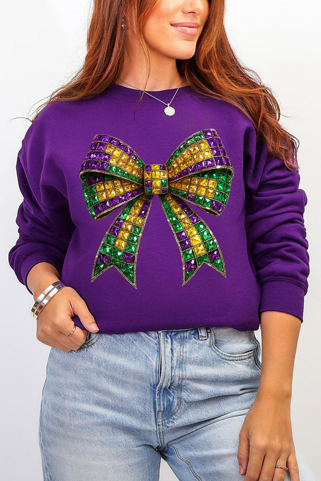Faux Rhinestone Mardi Gras Bow Heavy Blend Crew Sweatshirt - Wholesale Accessory Market
