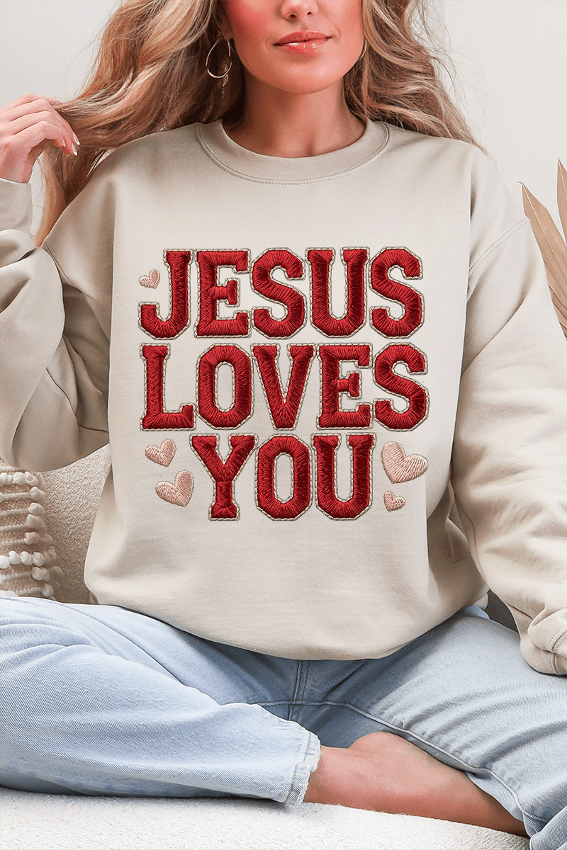 Faux Embroidery Jesus Loves You Heavy Blend Crew Sweatshirt - Wholesale Accessory Market