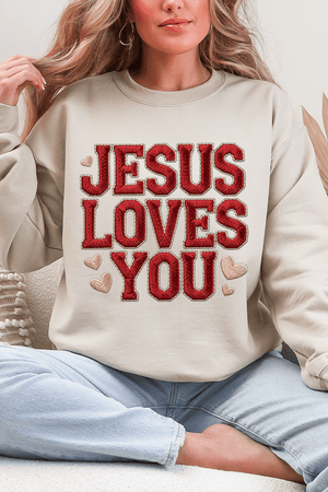 Faux Embroidery Jesus Loves You Heavy Blend Crew Sweatshirt - Wholesale Accessory Market