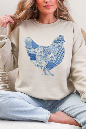 Faux Patchwork Blue Chicken Heavy Blend Crew Sweatshirt - Wholesale Accessory Market