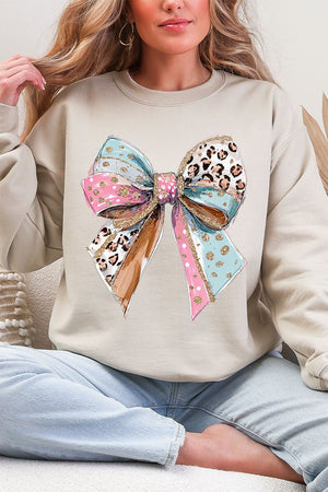 Pastel Leopard Bow Heavy Blend Crew Sweatshirt - Wholesale Accessory Market