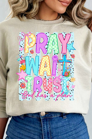 Pray Wait Trust Bright Doodle Heavy Blend Crew Sweatshirt - Wholesale Accessory Market