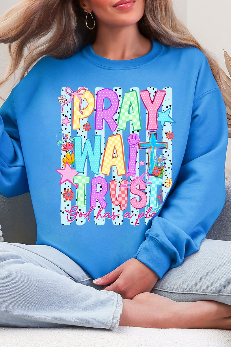 Pray Wait Trust Bright Doodle Heavy Blend Crew Sweatshirt - Wholesale Accessory Market
