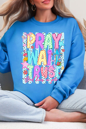 Pray Wait Trust Bright Doodle Heavy Blend Crew Sweatshirt - Wholesale Accessory Market