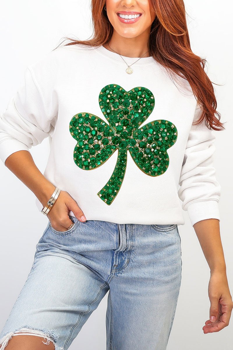 Faux Rhinestone Clover Heavy Blend Crew Sweatshirt - Wholesale Accessory Market