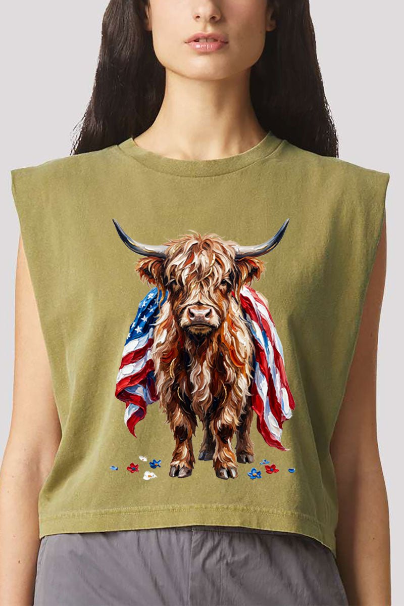Painted Old Glory Highland Cow Women's Garment - Dyed Heavyweight Muscle Tee - Wholesale Accessory Market