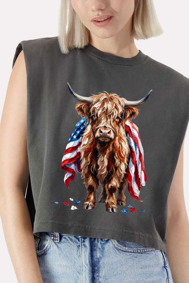 Painted Old Glory Highland Cow Women's Garment - Dyed Heavyweight Muscle Tee - Wholesale Accessory Market