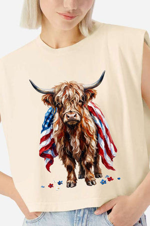 Painted Old Glory Highland Cow Women's Garment - Dyed Heavyweight Muscle Tee - Wholesale Accessory Market