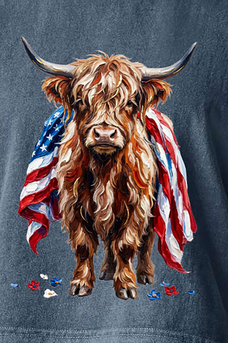 Painted Old Glory Highland Cow Women's Garment - Dyed Heavyweight Muscle Tee - Wholesale Accessory Market