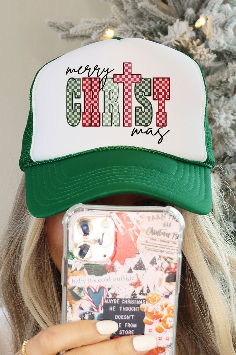 Checkered Merry CHRISTmas Otto Kelly with White Foam Front Trucker Hat - Wholesale Accessory Market