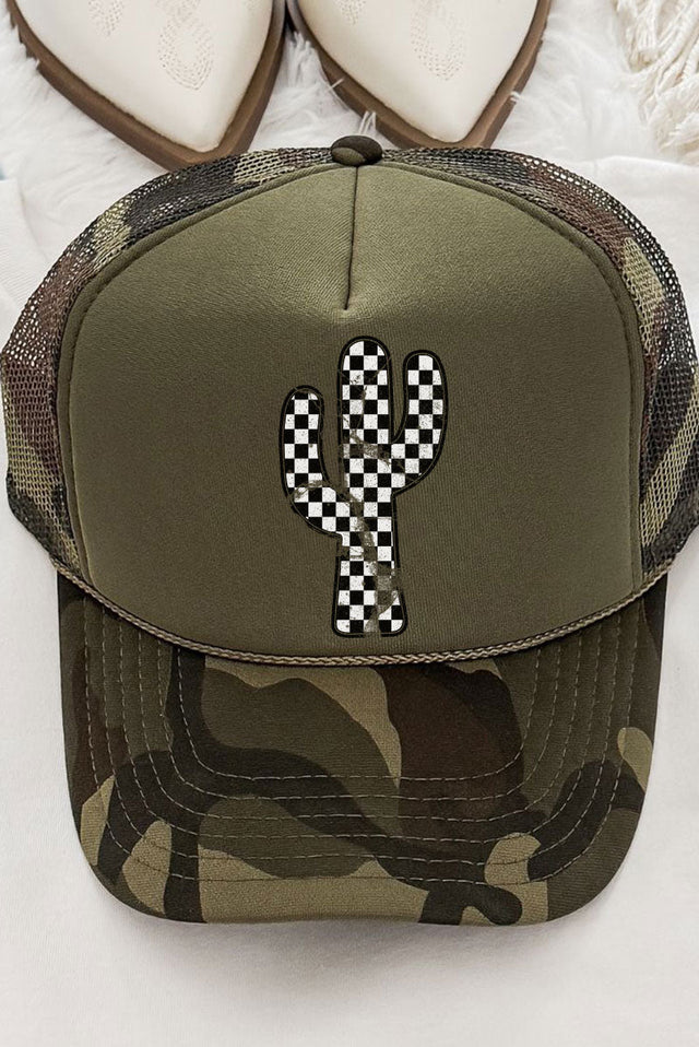Checkered Cactus Otto Camo with Moss Green Foam Front Trucker Hat - Wholesale Accessory Market