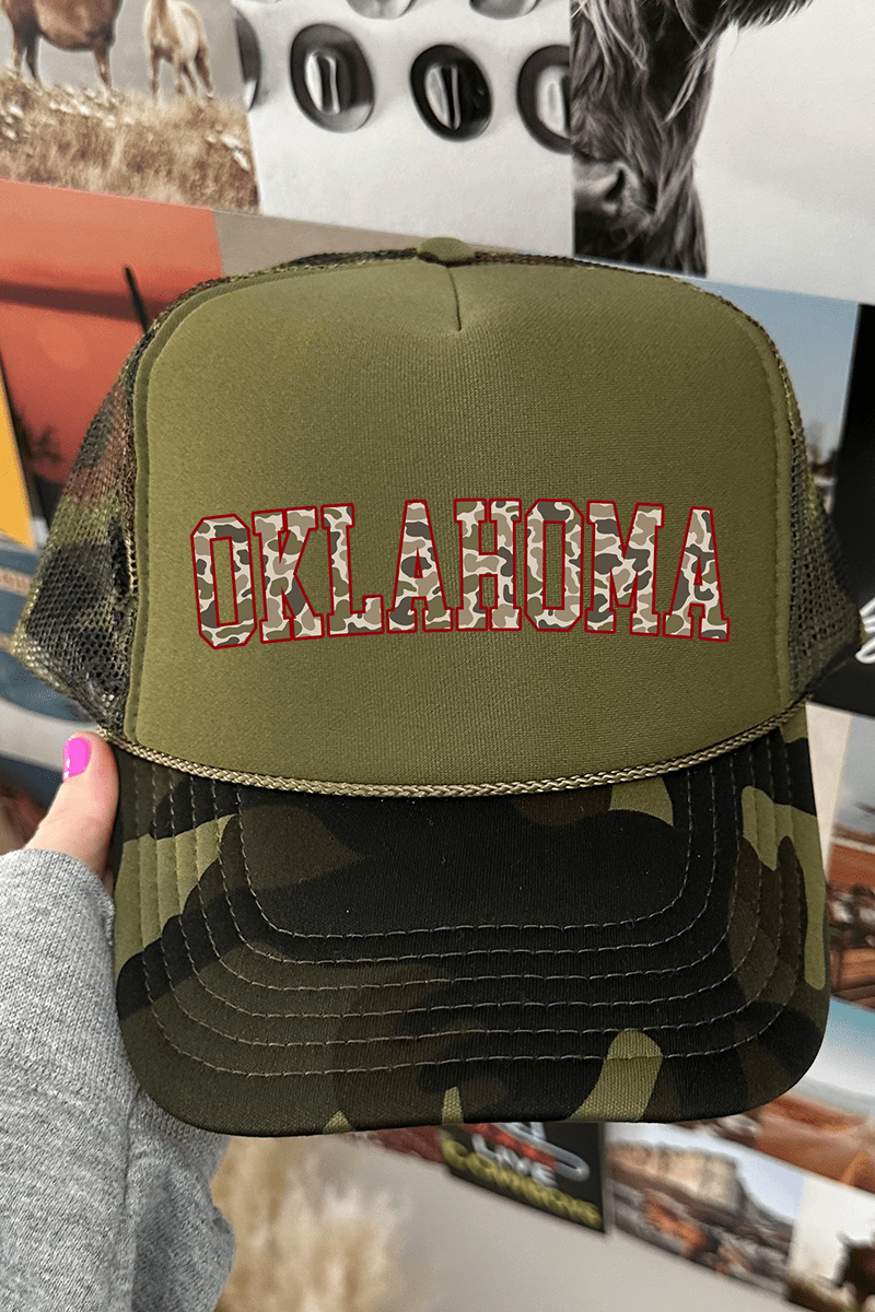 Crimson Oklahoma Camo Otto Camo with Moss Green Foam Front Trucker Hat - Wholesale Accessory Market