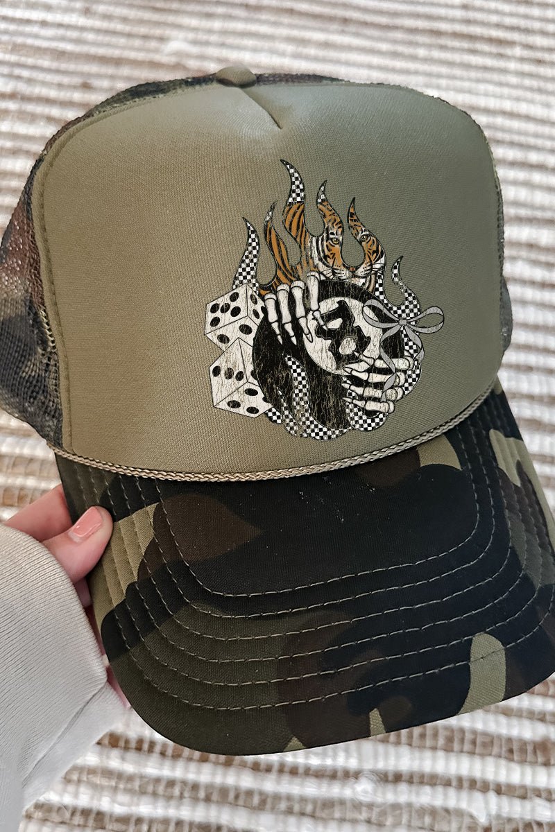 Flamin' 8 Ball Otto Camo with Moss Green Foam Front Trucker Hat - Wholesale Accessory Market