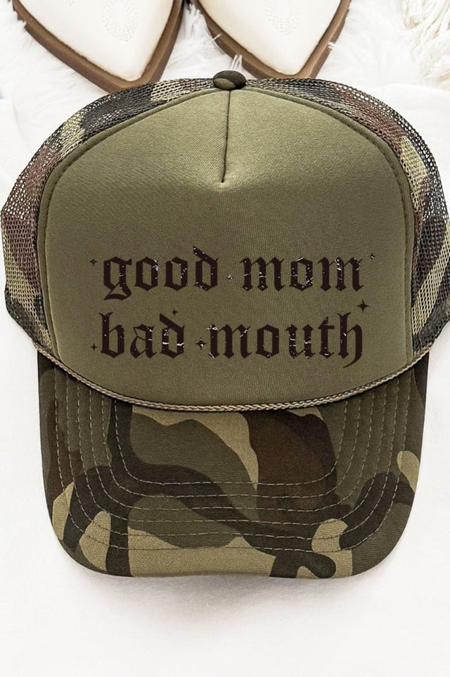 Good Mom Bad Mouth Otto Camo with Moss Green Foam Front Trucker Hat - Wholesale Accessory Market