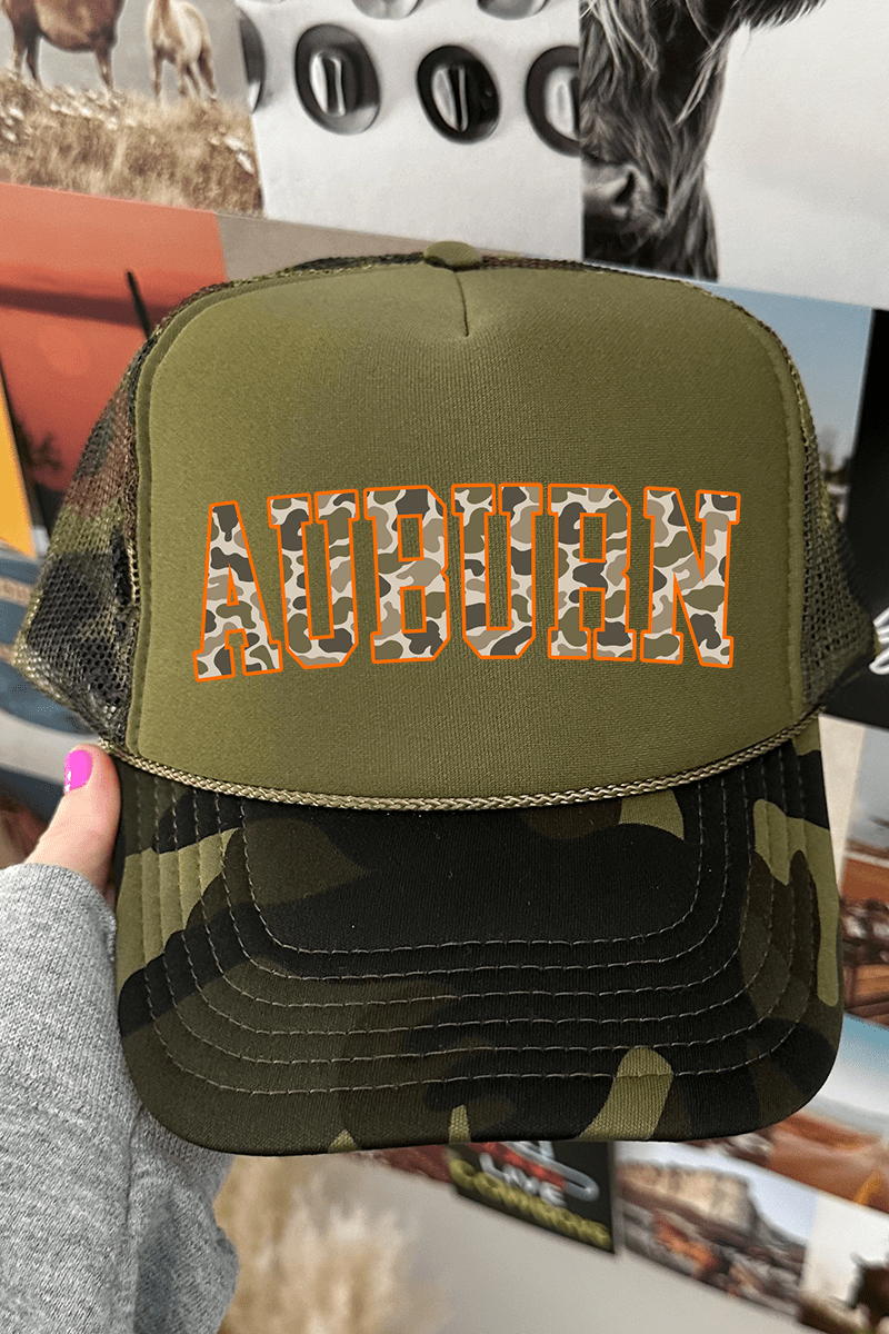 Orange Auburn Camo Otto Camo with Moss Green Foam Front Trucker Hat - Wholesale Accessory Market