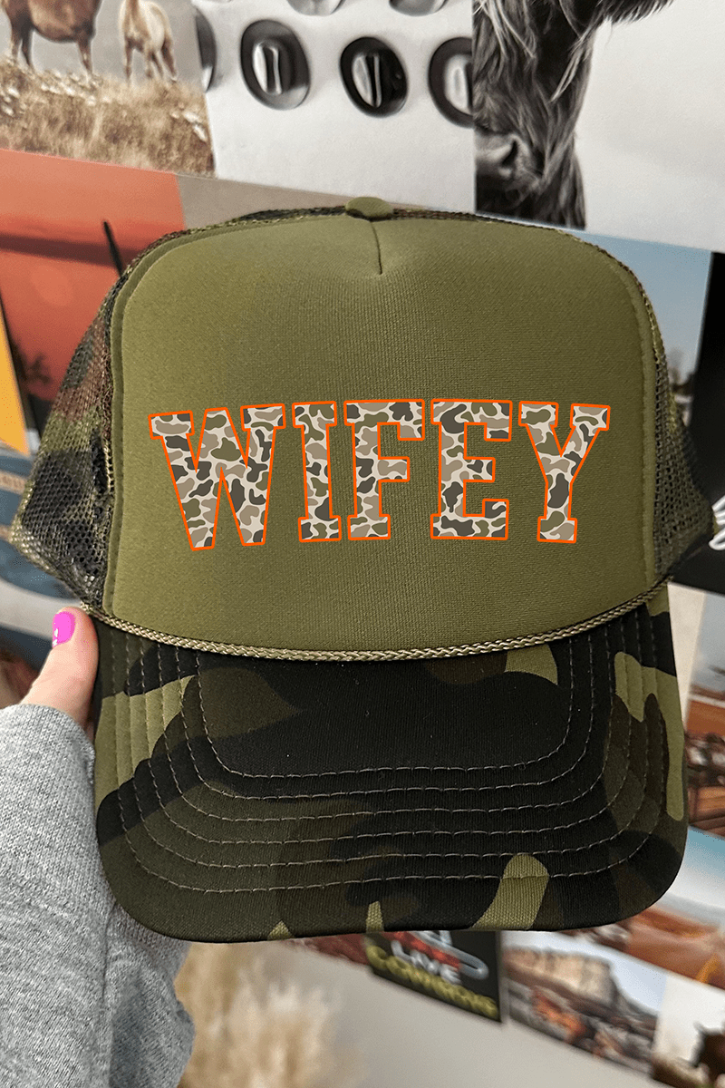 Orange Wifey Camo Otto Camo with Moss Green Foam Front Trucker Hat - Wholesale Accessory Market