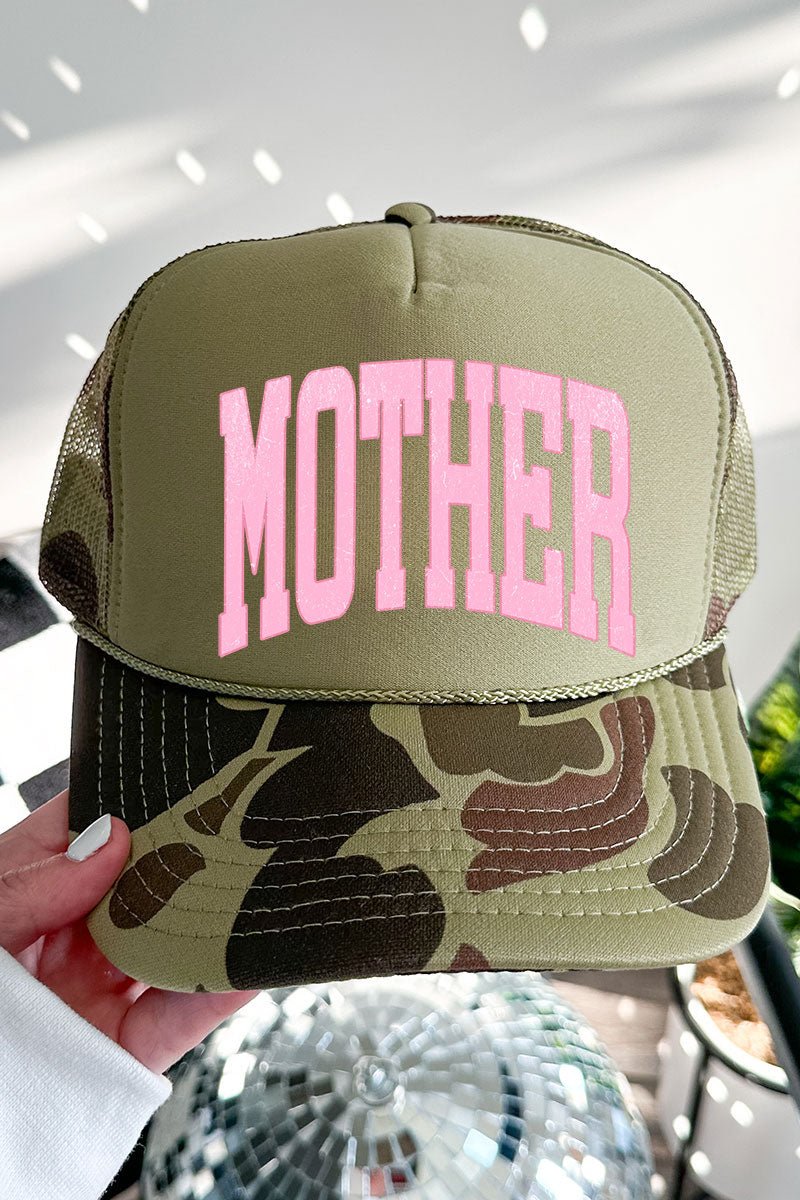 Pretty In Pink Mother Otto Camo with Moss Green Foam Front Trucker Hat - Wholesale Accessory Market