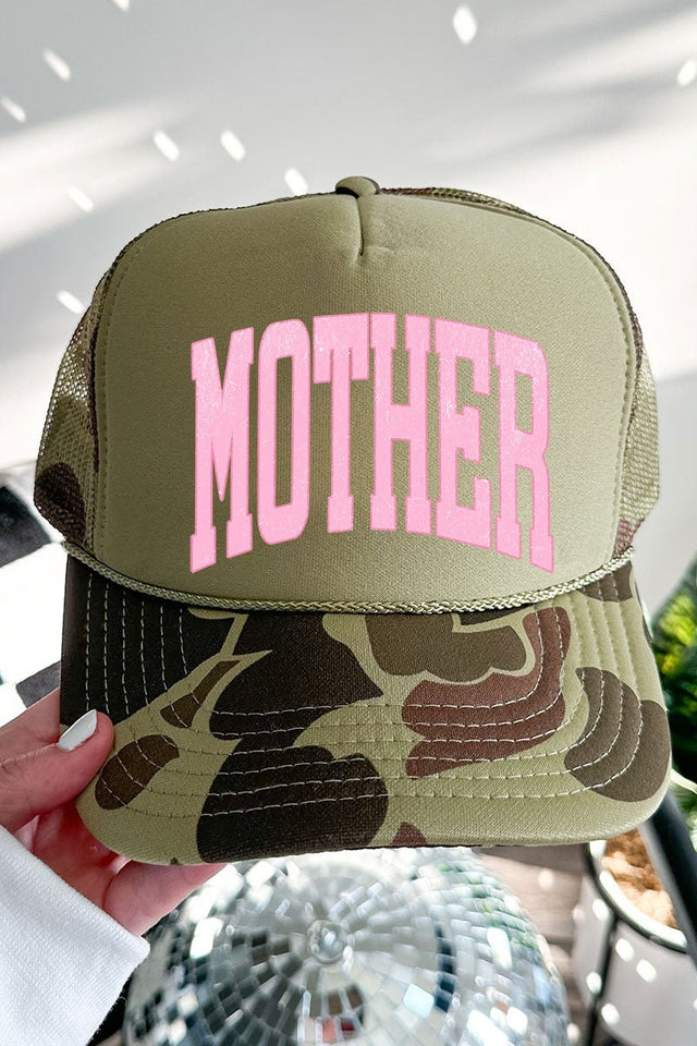 Pretty In Pink Mother Otto Camo with Moss Green Foam Front Trucker Hat - Wholesale Accessory Market