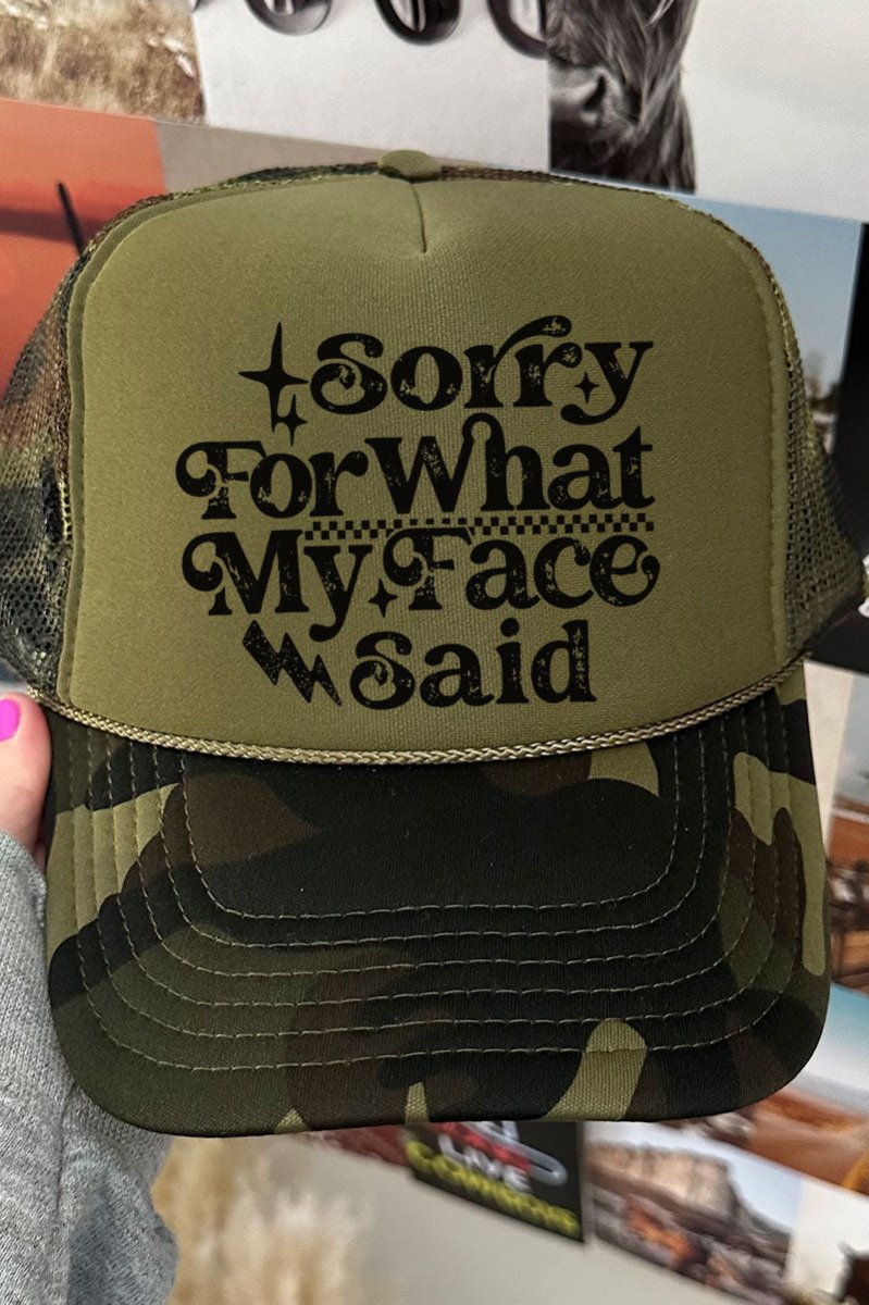Sorry For What My Face Said Otto Camo with Moss Green Foam Front Trucker Hat - Wholesale Accessory Market
