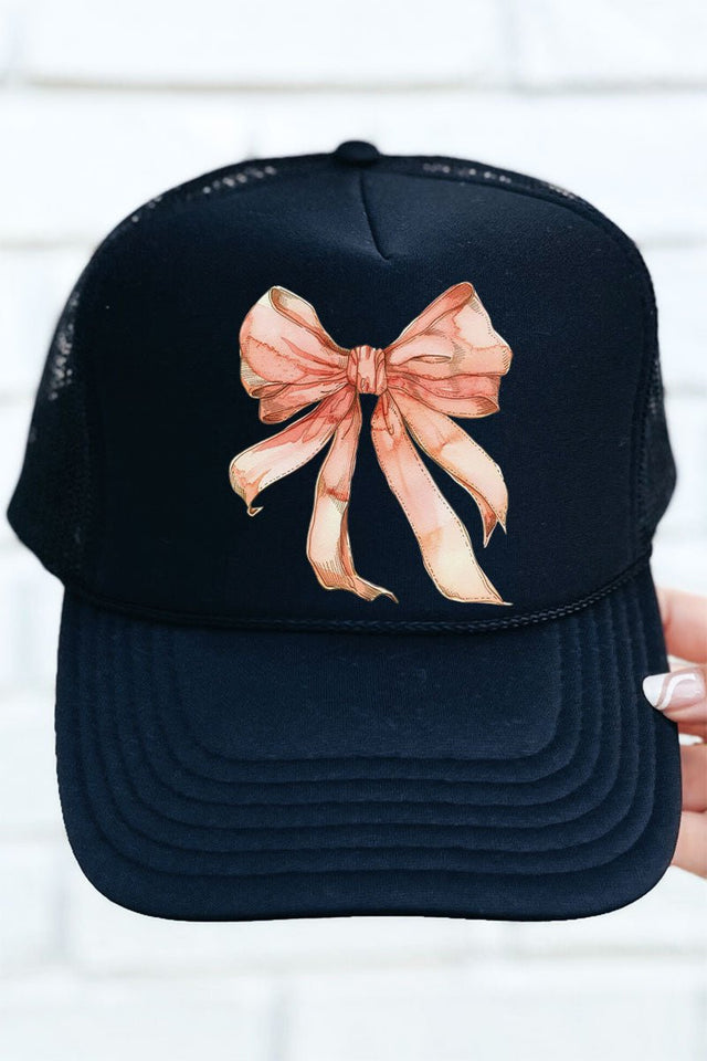 Peach Watercolor Bow Otto Black Foam Front Trucker Hat - Wholesale Accessory Market