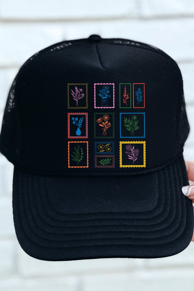 Whimsical Floral Stamps Otto Black Foam Front Trucker Hat - Wholesale Accessory Market