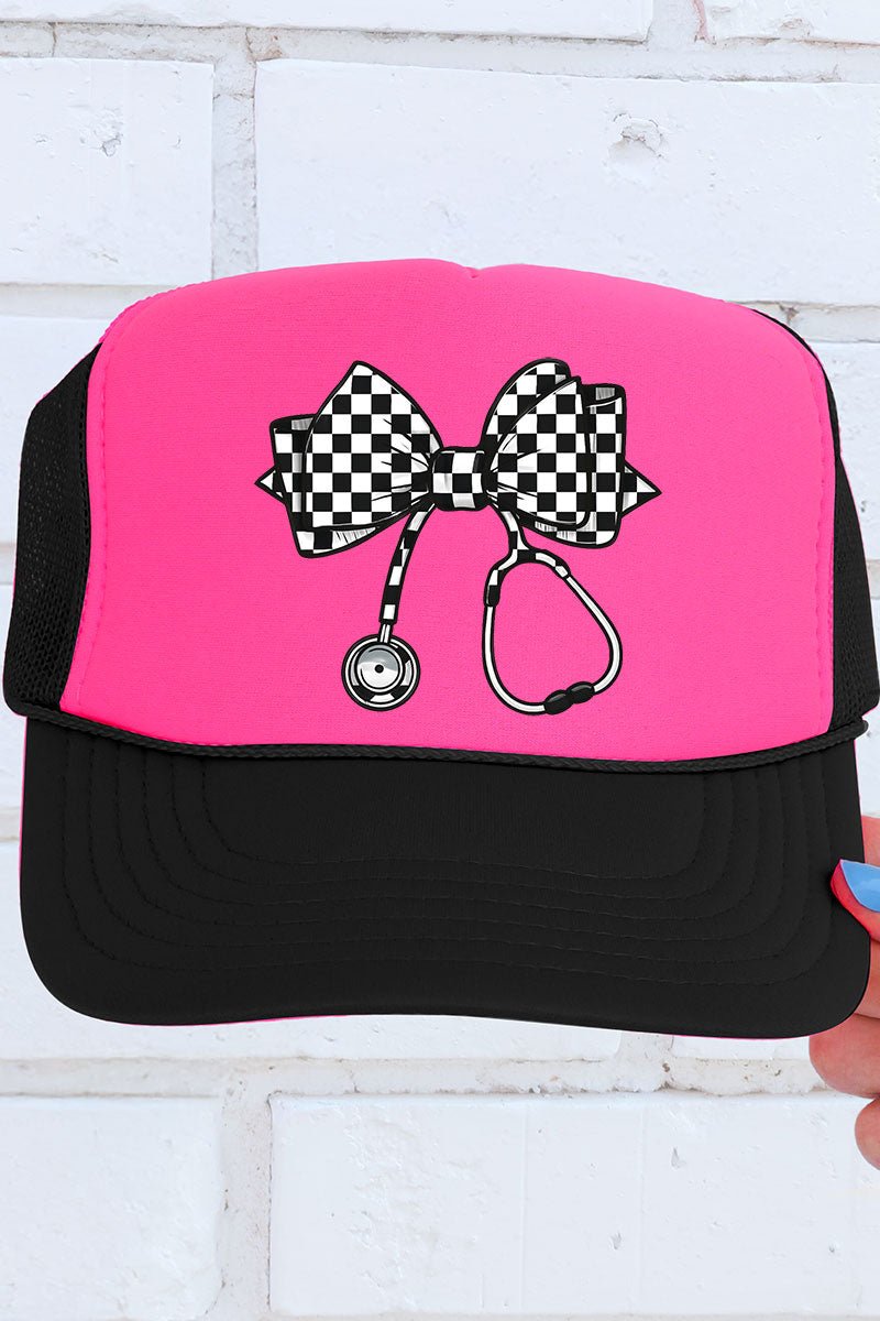 Checkered Black Stethoscope Otto Black with Neon Pink Foam Front Trucker Hat - Wholesale Accessory Market
