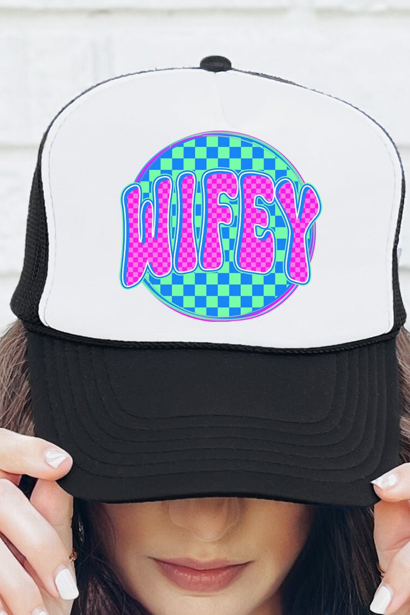 Neon Checkered Wifey Otto Black with White Foam Front Trucker Hat - Wholesale Accessory Market
