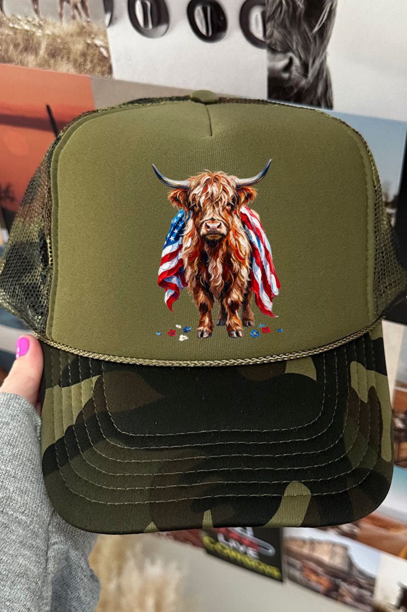 Painted Old Glory Highland Cow Otto Foam Front Trucker Hat - Wholesale Accessory Market