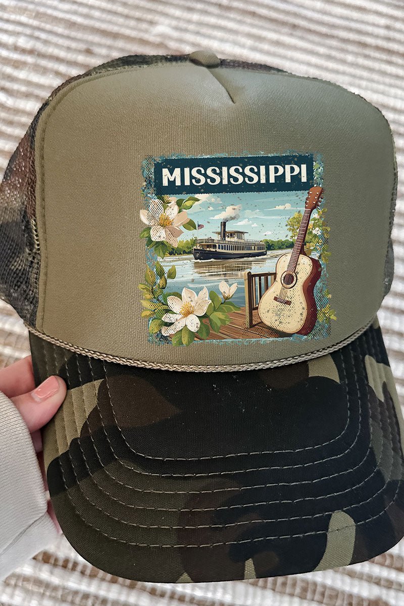 Vintage Mississippi Stamp Otto Camo with Olive Green Foam Front Trucker Hat - Wholesale Accessory Market