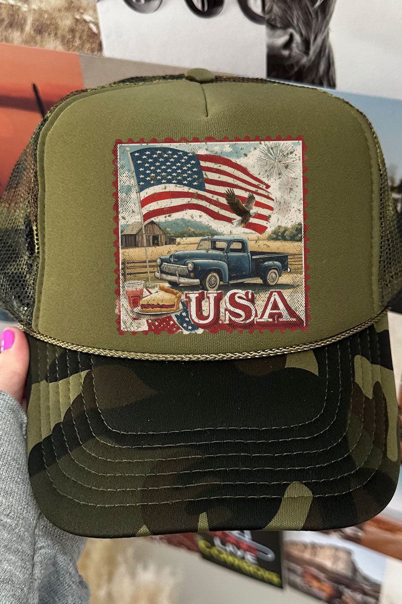 Vintage USA Stamp Otto Camo with Olive Green Foam Front Trucker Hat - Wholesale Accessory Market