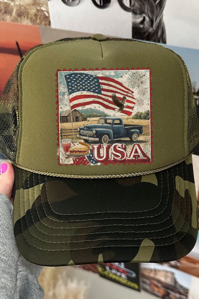 Vintage USA Stamp Otto Camo with Olive Green Foam Front Trucker Hat - Wholesale Accessory Market