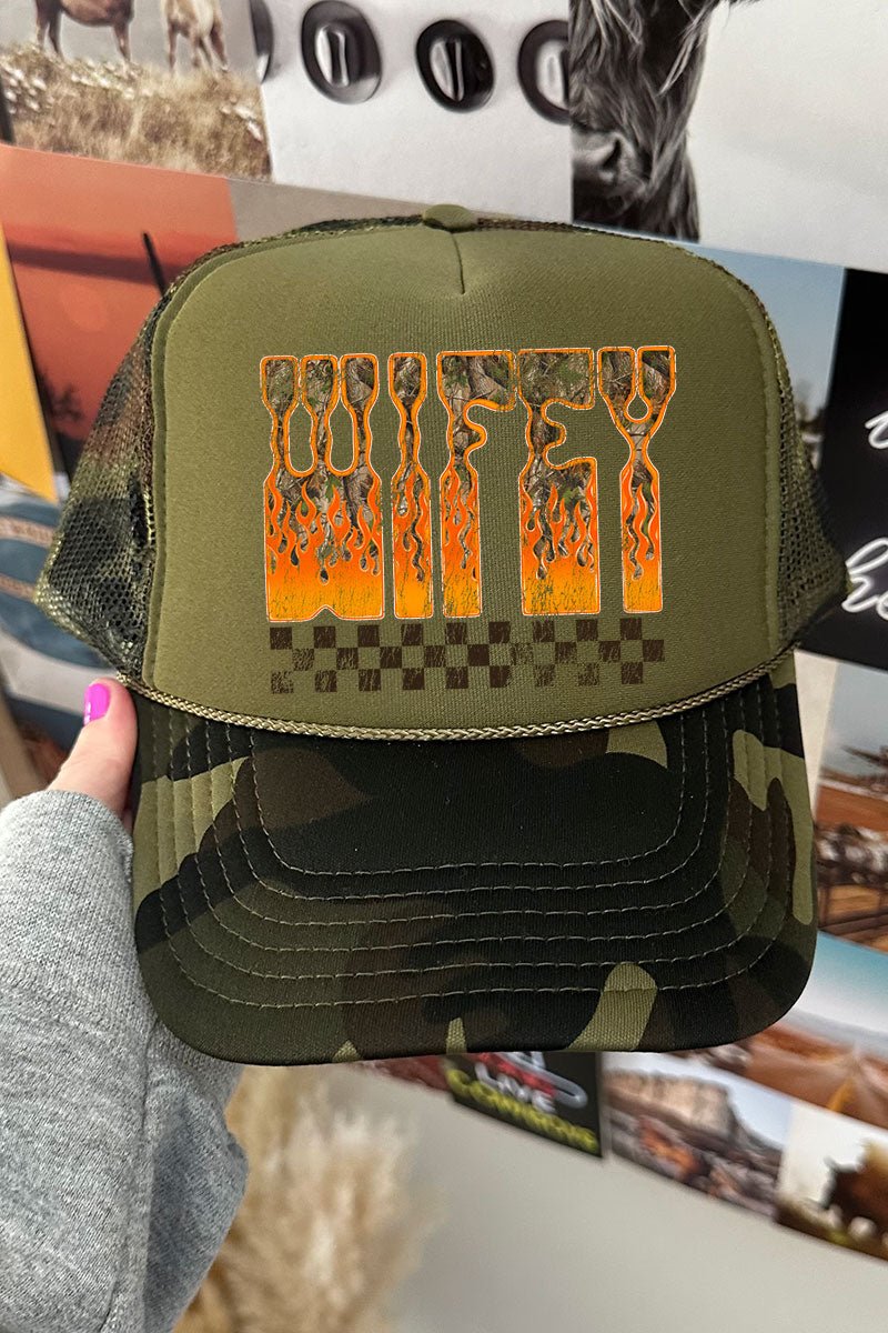 Wildfire Wifey Otto Camo with Olive Green Foam Front Trucker Hat - Wholesale Accessory Market