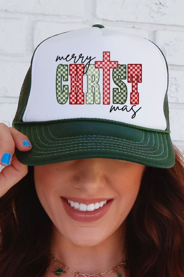 Checkered Merry CHRISTmas Otto Dark Green with White Foam Front Trucker Hat - Wholesale Accessory Market