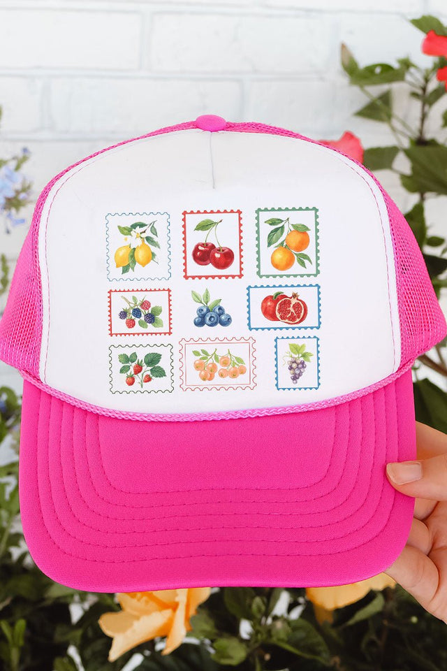 Summer Fruit Stamps Otto Hot Pink with White Foam Front Trucker Hat - Wholesale Accessory Market