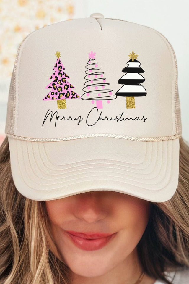 3 Pink Trees Merry Christmas Otto Khaki Foam Front Trucker Hat - Wholesale Accessory Market
