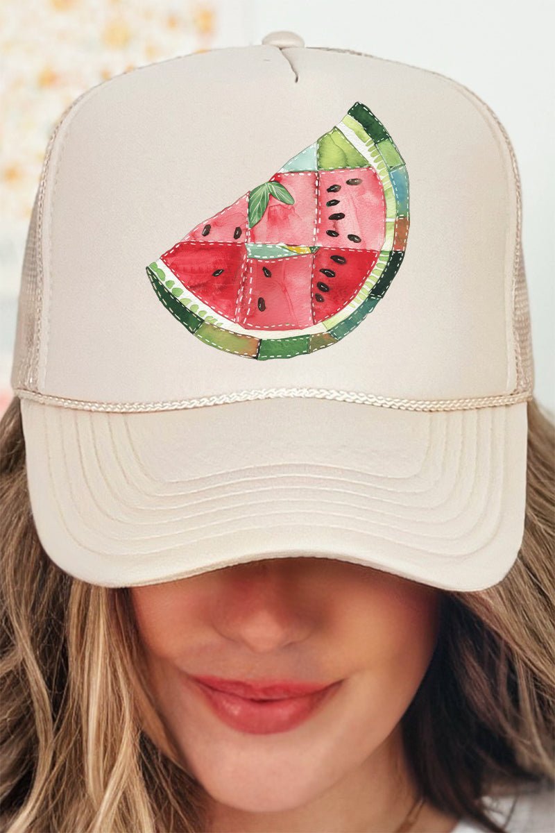 Faux Patchwork Watermelon Otto Khaki Foam Front Trucker Hat - Wholesale Accessory Market