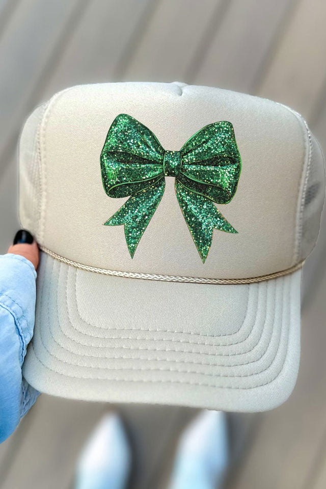 Glitz Green Coquette Bow Otto Khaki Foam Front Trucker Hat - Wholesale Accessory Market