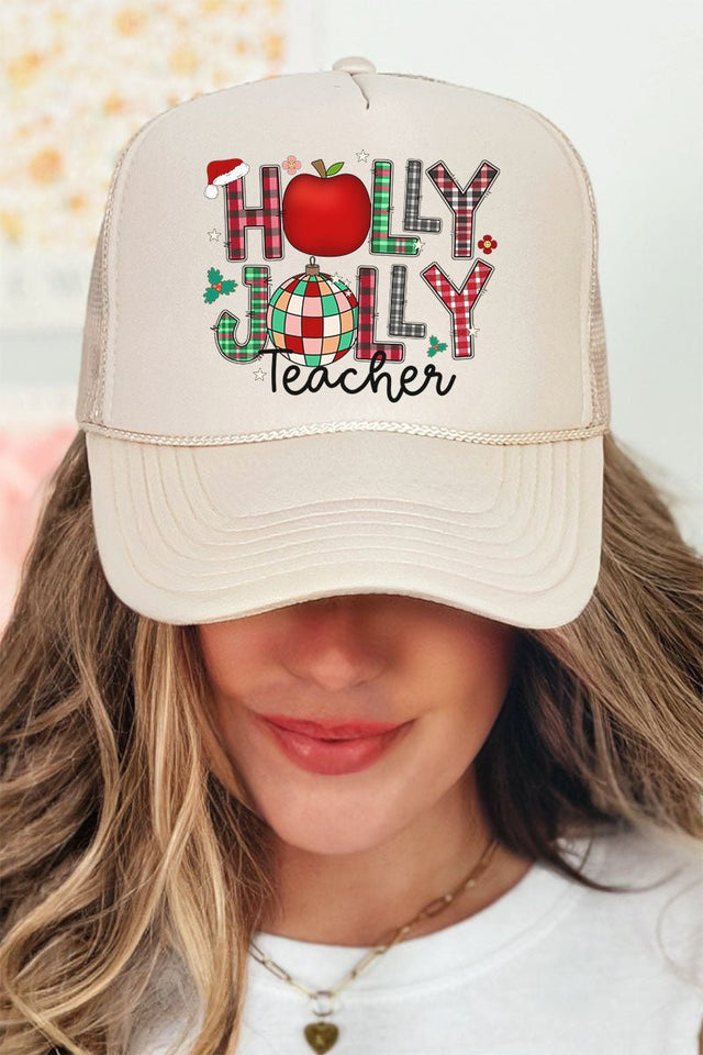 Holly Jolly Teacher Otto Khaki Foam Front Trucker Hat - Wholesale Accessory Market