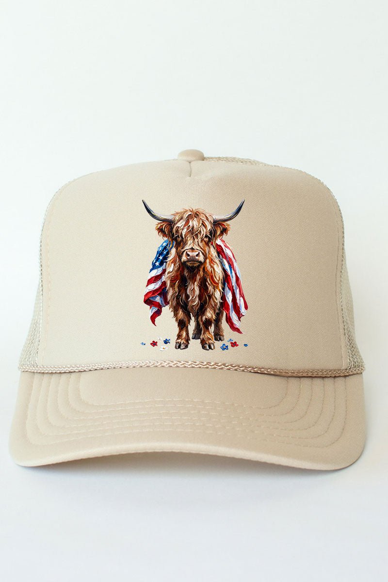 Painted Old Glory Highland Cow Otto Foam Front Trucker Hat - Wholesale Accessory Market