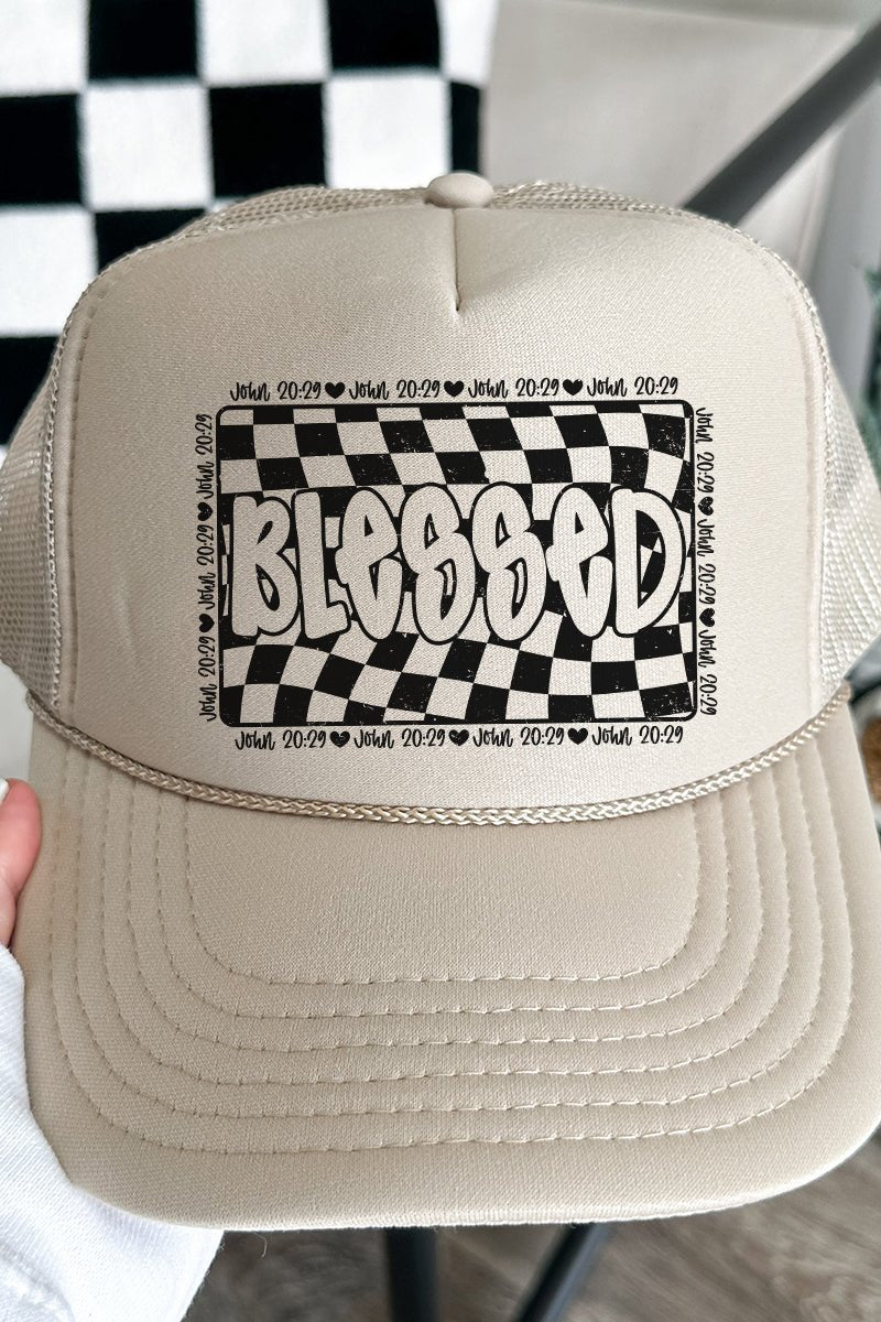 Wavy Checkered Blessed Otto Khaki Foam Front Trucker Hat - Wholesale Accessory Market
