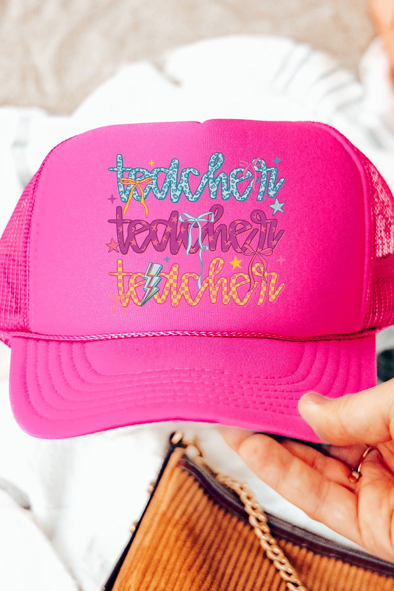 Stacked Colorful Teacher Otto Neon Pink Foam Front Trucker Hat - Wholesale Accessory Market