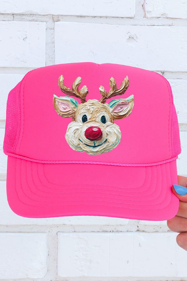 The Colorful Painted Reindeer Otto Neon Pink Foam Front Trucker Hat - Wholesale Accessory Market