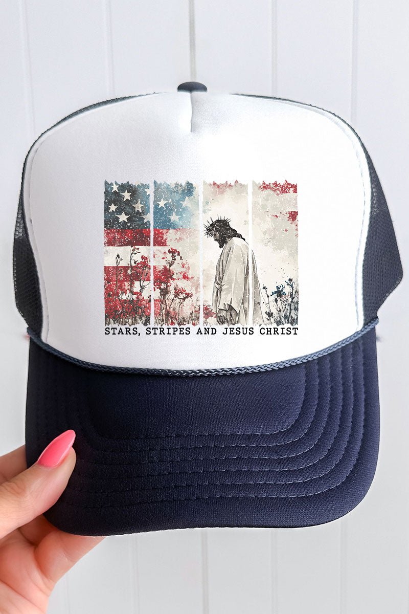 Stars, Stripes, & Jesus Christ Otto Navy with White Foam Front Trucker Hat - Wholesale Accessory Market