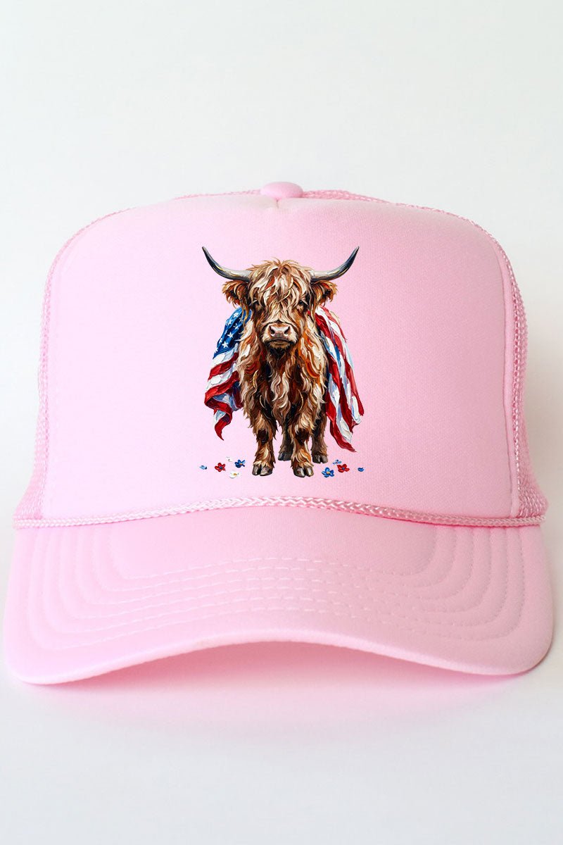 Painted Old Glory Highland Cow Otto Foam Front Trucker Hat - Wholesale Accessory Market