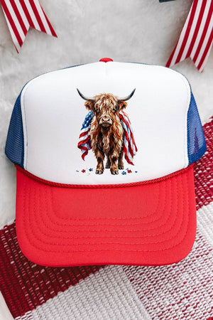 Painted Old Glory Highland Cow Otto Foam Front Trucker Hat - Wholesale Accessory Market