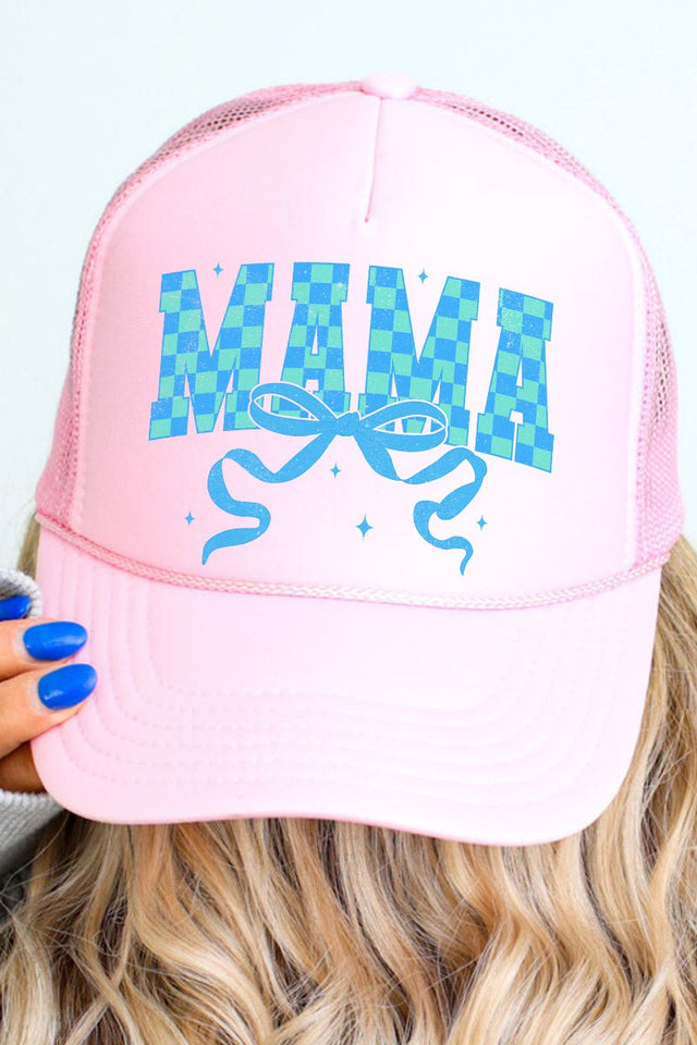 Aqua Checkered Arched Mama Otto Soft Pink Foam Front Trucker Hat - Wholesale Accessory Market