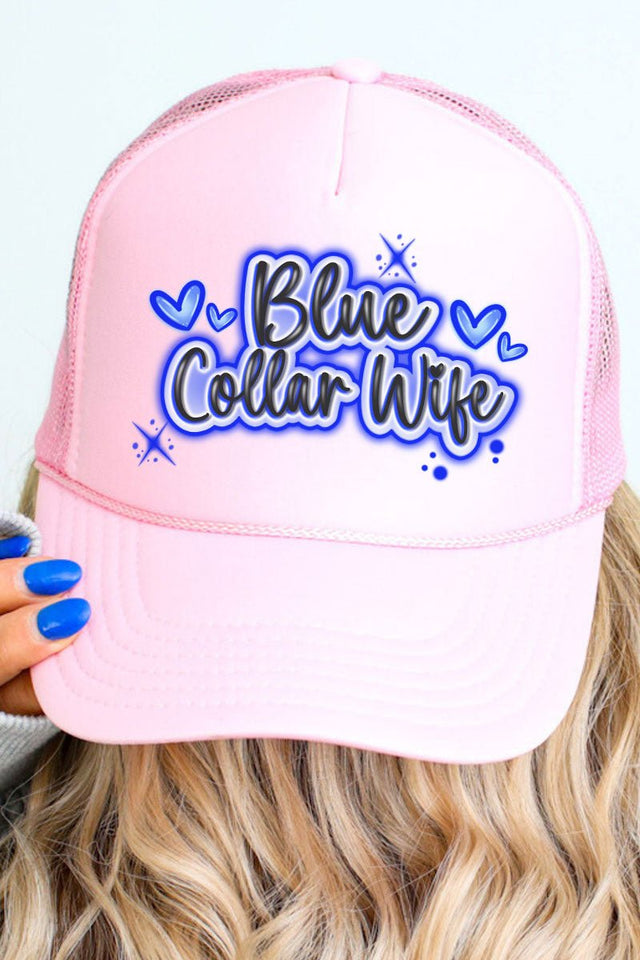 Faux Airbrush Blue Collar Wife Otto Soft Pink Foam Front Trucker Hat - Wholesale Accessory Market