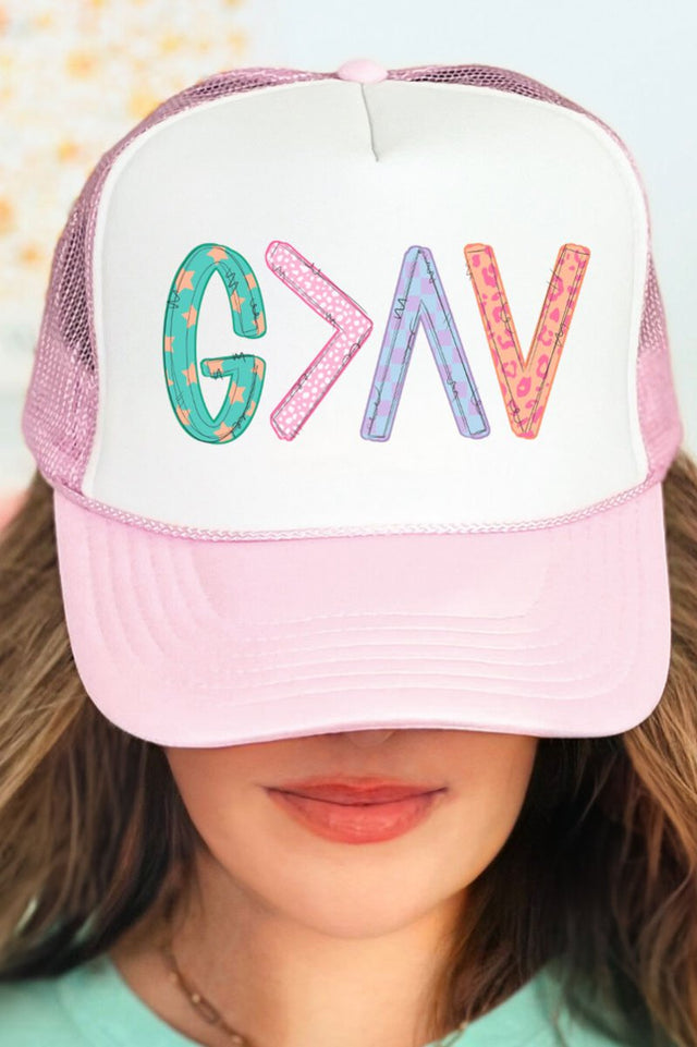 God Is Greater Otto Soft Pink with White Foam Front Trucker Hat - Wholesale Accessory Market