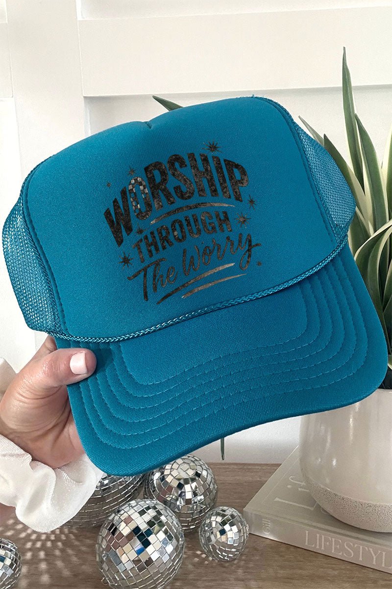 Black Worship Through The Worry Otto Turquoise Foam Front Trucker Hat - Wholesale Accessory Market